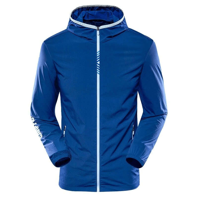 Men's blue hiking sun-protective windproof jacket, water-resistant and breathable, perfect for outdoor adventures in rain or shine.
