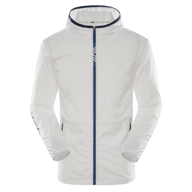 Men's white hiking sun-protective windproof jacket with hood, featuring water-resistant polyester, quick-dry and breathable design.