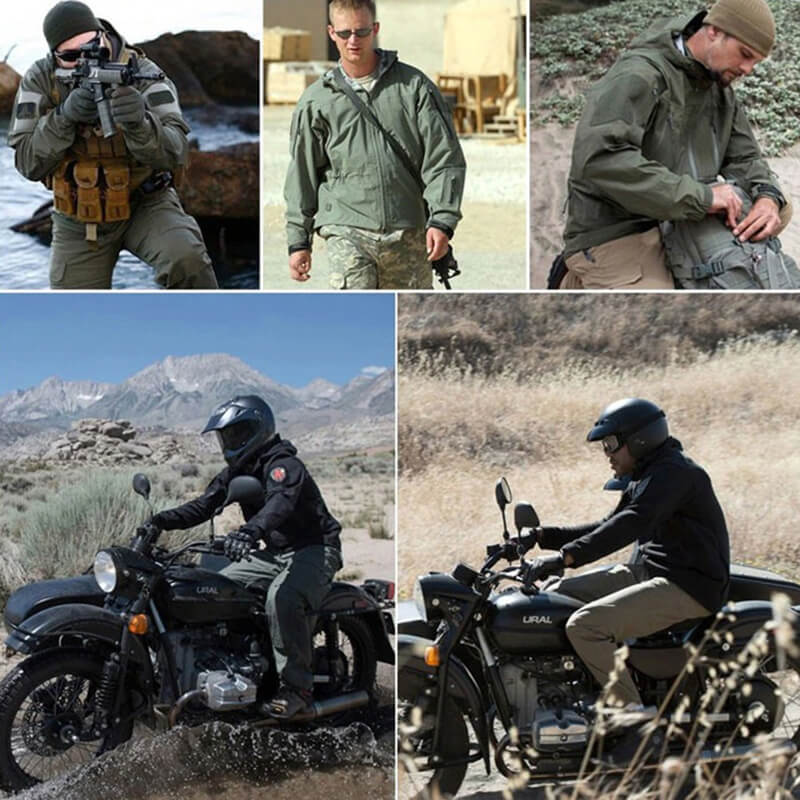 Collage of men in outdoor tactical gear, showcasing waterproof jackets and riding motorcycles in rugged terrain.