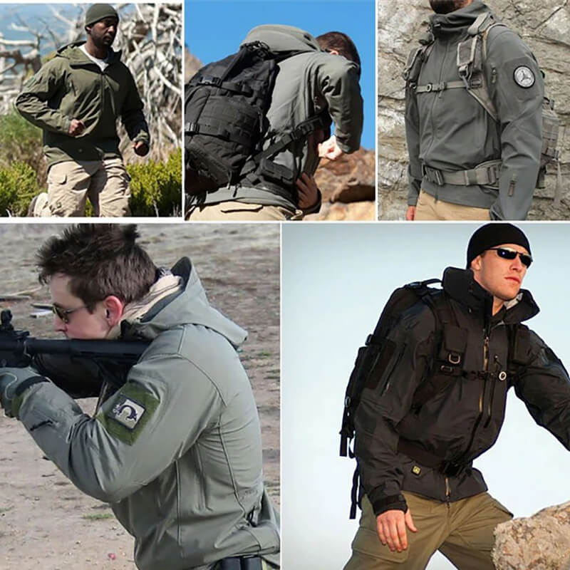 Men wearing hiking waterproof hooded jackets with zipper pockets, demonstrating outdoor adventure and protection features.
