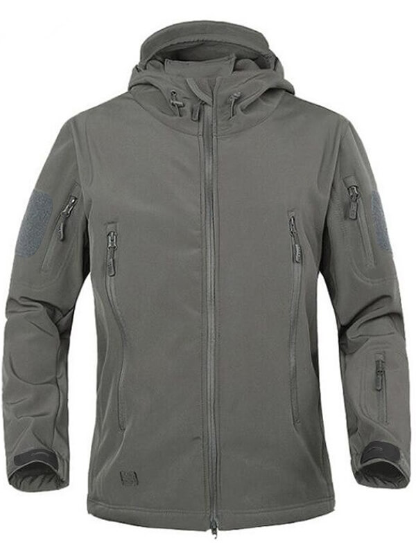 Hiking waterproof male hooded jacket with zipper pockets, gray, featuring Polartec and thermal technology for outdoor adventures.