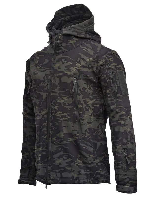 Camouflage waterproof male hiking jacket with hood and zipper pockets, featuring windproof and thermal technologies for outdoor adventures.