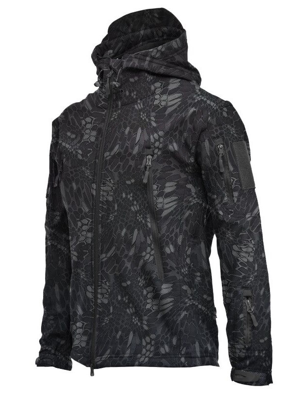 Waterproof hiking jacket for men with hood and zipper pockets in a camo pattern, featuring Polartec material and thermal technology.