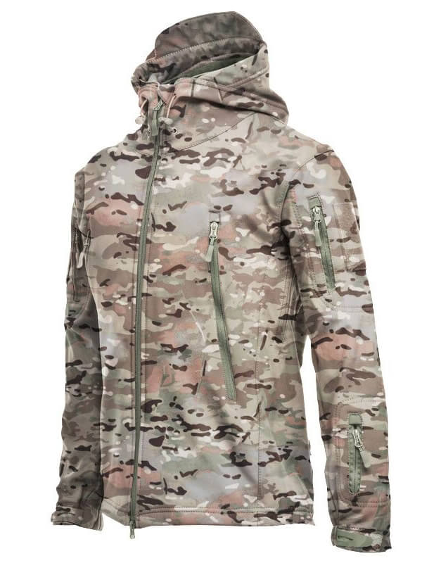 Hiking waterproof male hooded jacket with zipper pockets, camo design, Polartec material, quick dry, windproof, and thermal features.