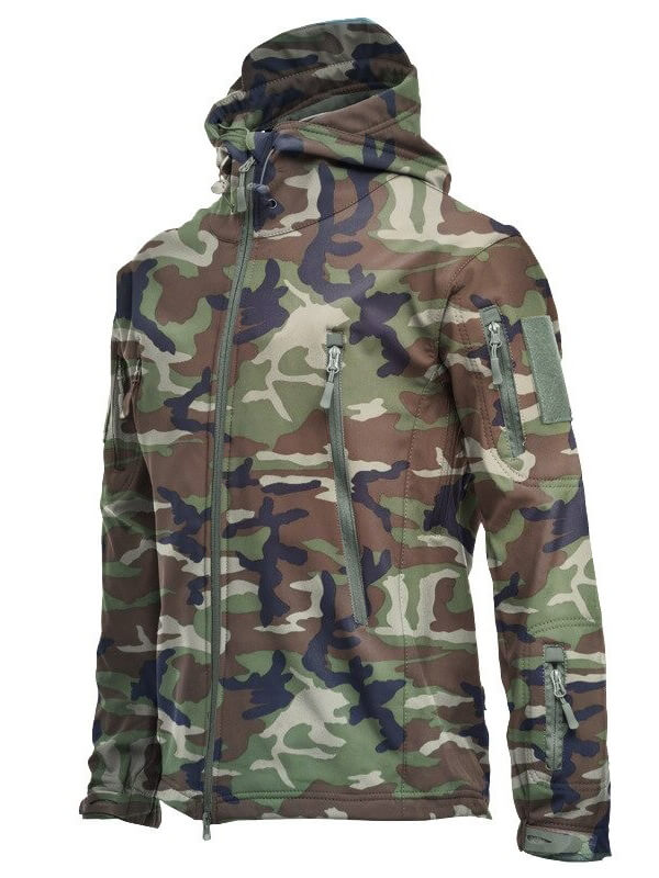 Camouflage hiking waterproof male hooded jacket with zipper pockets, featuring Polartec material for outdoor adventures.