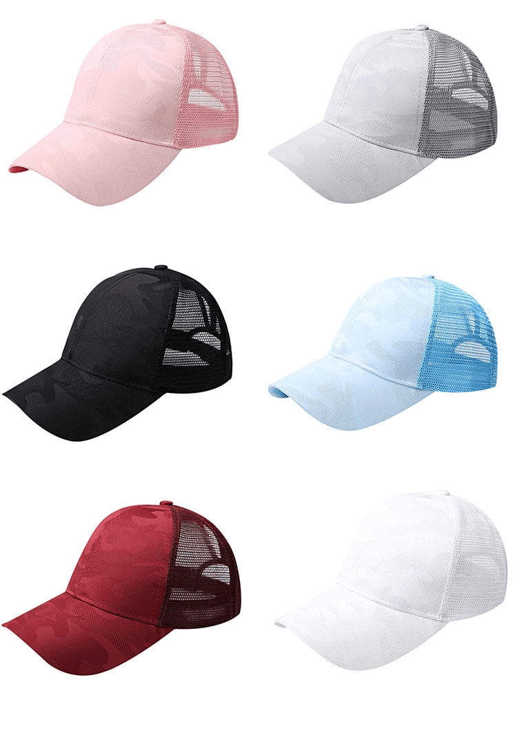 Colorful Hollow Out Ponytail Baseball Caps in pink, white, black, blue, wine red, and light grey for outdoor sports, SF0769.