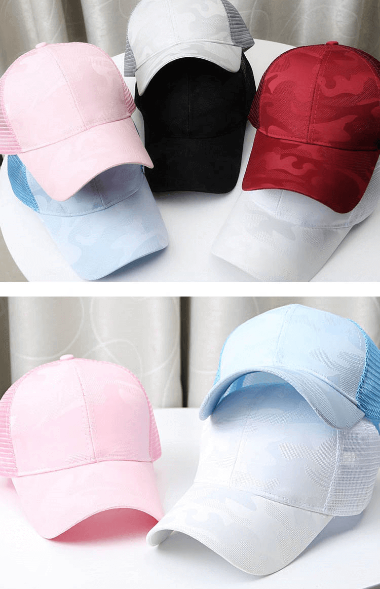 Assorted Hollow Out Ponytail Baseball Caps with adjustable snapback for outdoor sports in various colors.