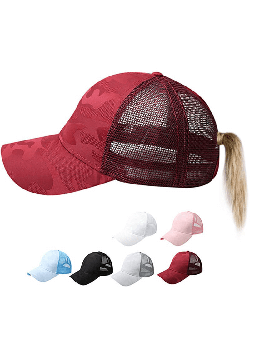 Red hollow out ponytail baseball cap with adjustable snapback, displayed with various color options for outdoor sports and sun protection.