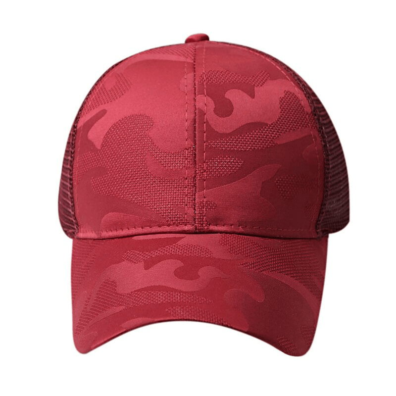 Red camo ponytail baseball cap with breathable design and snapback for outdoor sports. Stylish, adjustable sunhat - SF0769.