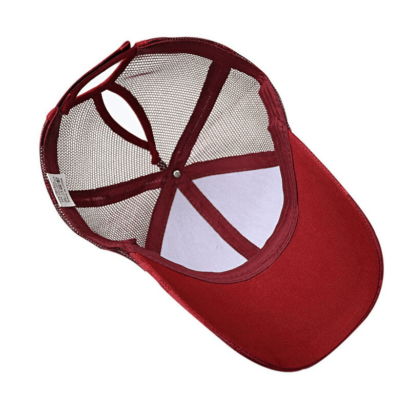 Red hollow out ponytail baseball cap with mesh back, breathable and stylish for outdoor sports, featuring adjustable snapback fit.