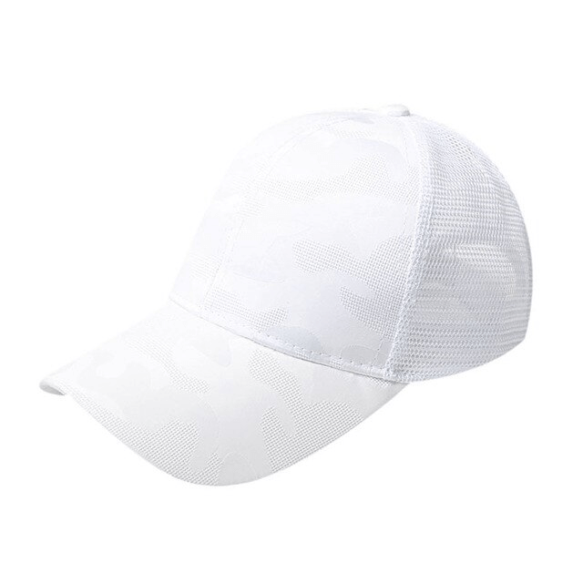 White hollow out ponytail baseball cap with adjustable snapback for outdoor sports and sun protection. Ideal for active fashion trends.
