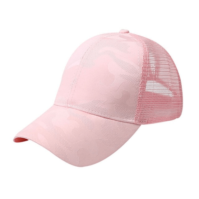 Pink hollow out ponytail baseball cap with camo pattern and snapback for outdoor sports.