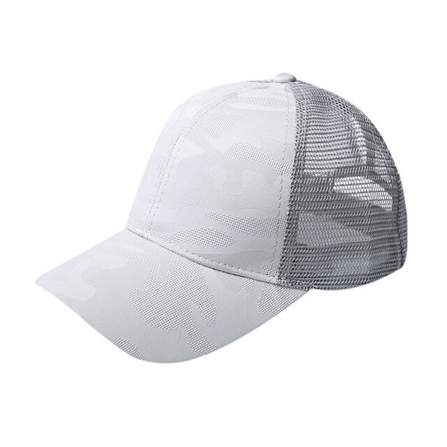 Hollow Out Ponytail Baseball Cap in white with a breathable mesh design, ideal for outdoor sports, featuring adjustable snapback.