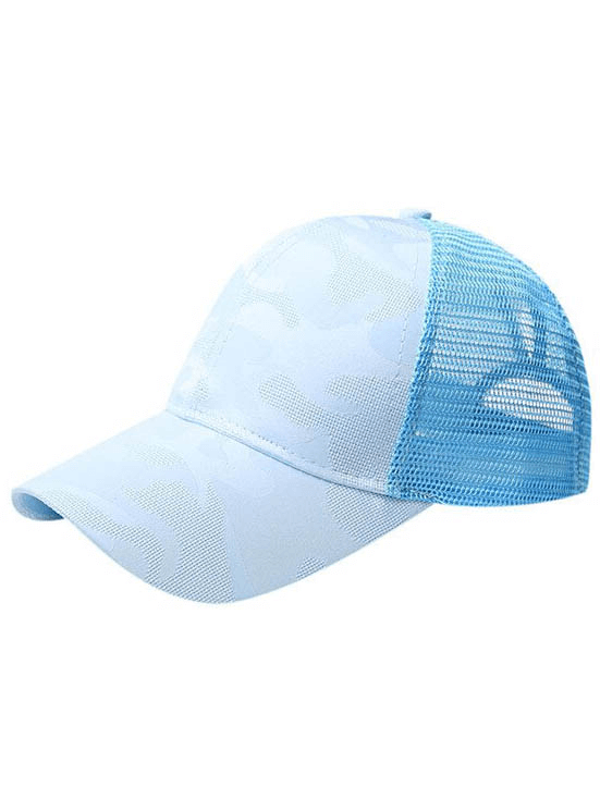 Light blue ponytail baseball cap with breathable mesh and adjustable snapback, perfect for outdoor sports and sun protection.