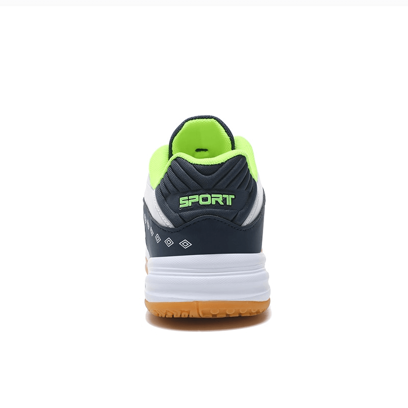 Rear view of lace-up flexible tennis shoe with breathable design, neon green accents, and durable rubber outsole for sports.