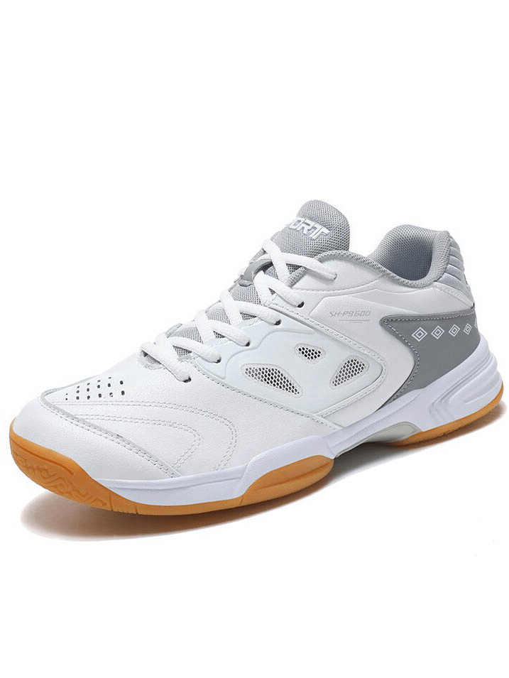 White lace-up flexible tennis shoes with gray accents and gum sole, featuring breathable material and anti-slip protection.