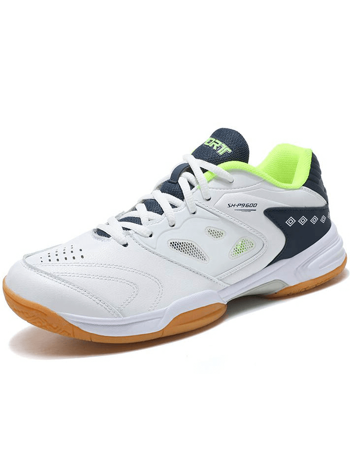 White lace-up flexible tennis shoe with breathable design and supportive rubber sole for men, model SF0738.