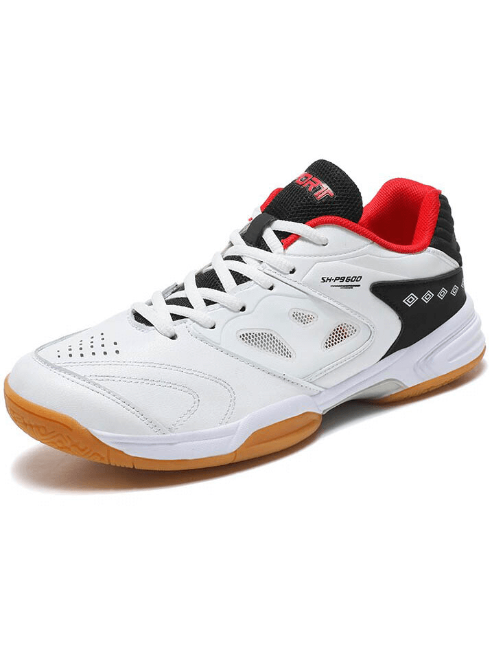 White lace-up flexible tennis shoes with breathable mesh fabric, featuring a rubber outsole for traction and red interior lining.