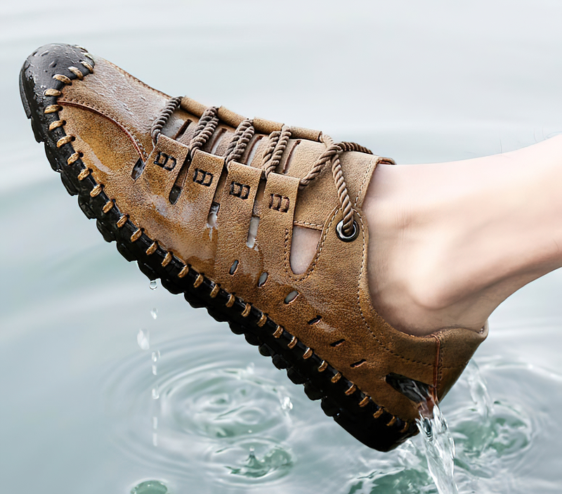 Men's lace-up leather outdoor water sandal in action, showcasing durable rubber sole and stylish design.