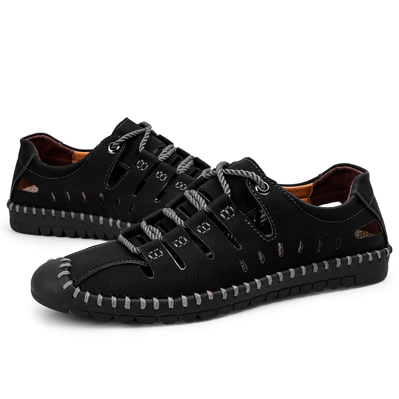 Men's black lace-up leather soft sandals with durable rubber outsole for outdoor activities, featuring a stylish and breathable design.