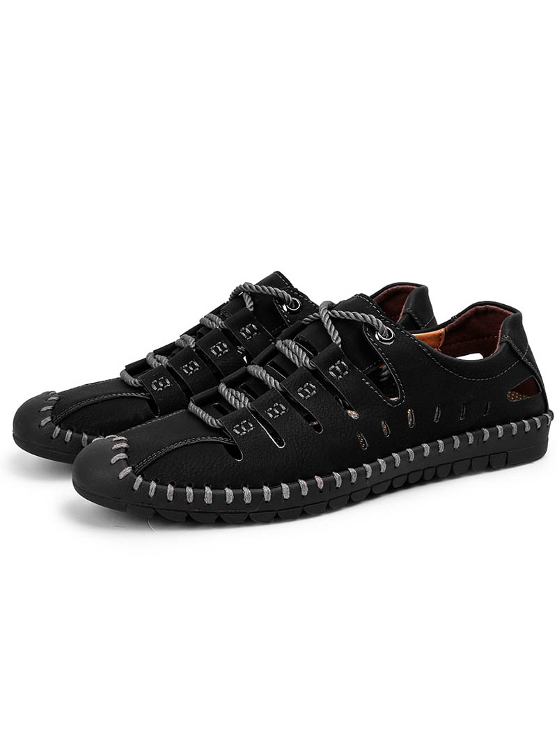 Men's black lace-up leather sandals with stitched rubber sole, ideal for outdoor adventures and water activities.