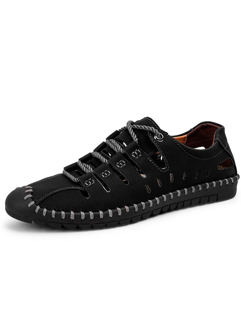 Men's Lace-Up Leather Soft Sandals, Outdoor Water Shoes SF1085, black microfiber upper, durable rubber sole, stylish and breathable.