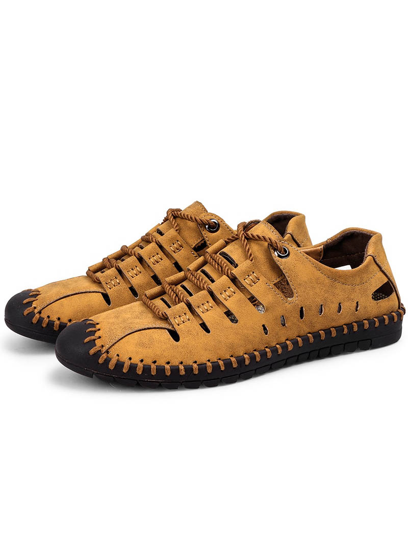 Men's Lace-Up Leather Soft Sandals, perfect outdoor water shoes with microfiber upper and durable rubber outsole, stylish and breathable.