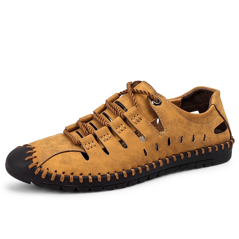 Men's lace-up leather soft sandals, outdoor water shoes in tan with durable rubber outsole and canvas finish, SF1085 style