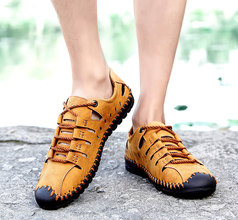 Men's lace-up leather soft sandals outdoor water shoes on stone surface