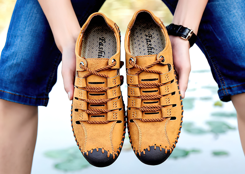 Men's lace-up leather soft sandals for outdoor activities, featuring a durable rubber outsole and stylish design.