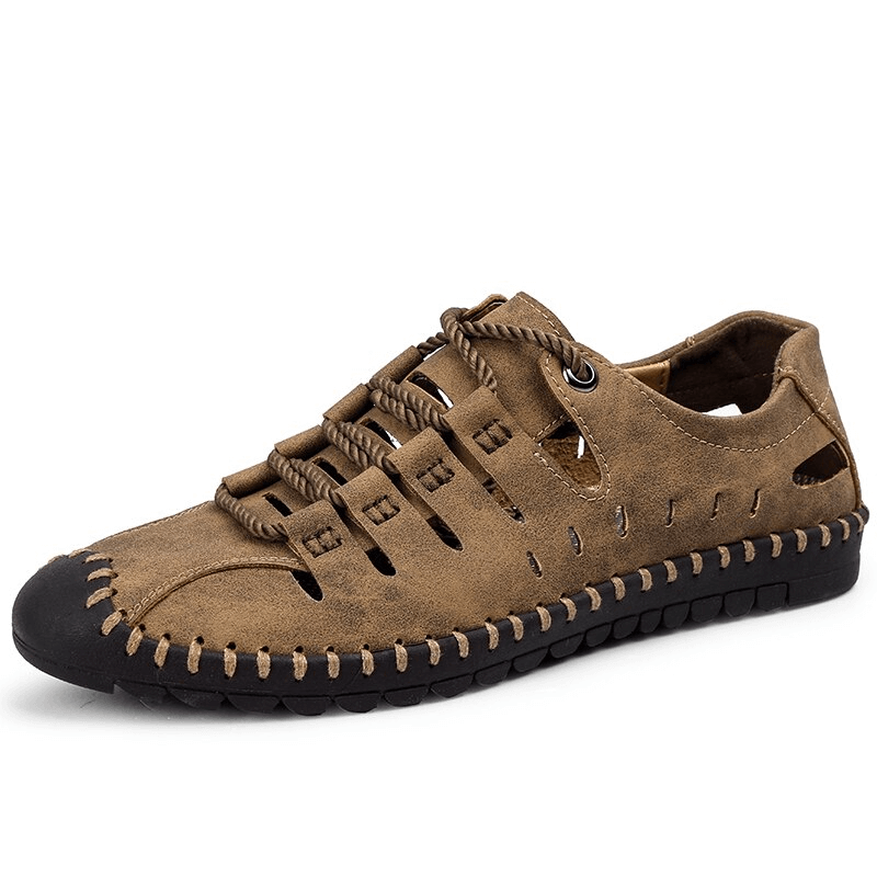 Men's lace-up leather outdoor water shoes in brown with rubber sole, perfect for activities with style and comfort - SF1085