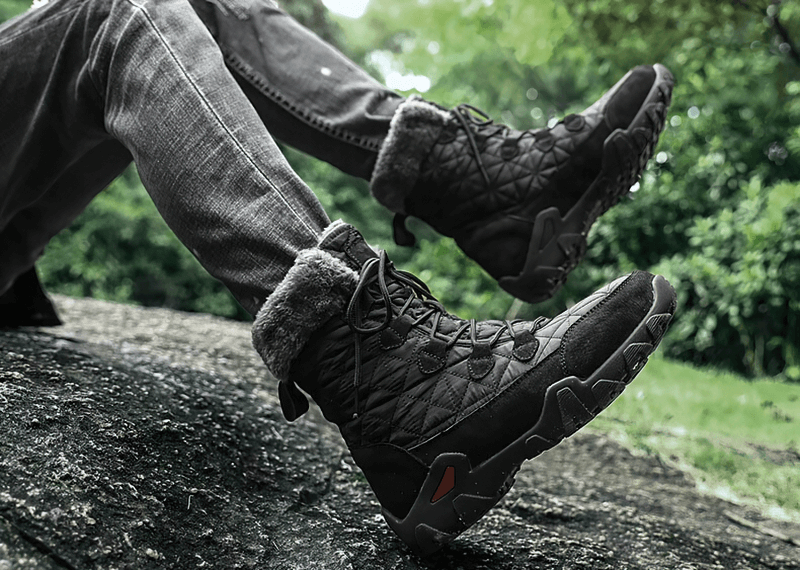 Walking through forest in Lace-up Waterproof Non-slip Mid-Calf Snow Boots with Fur