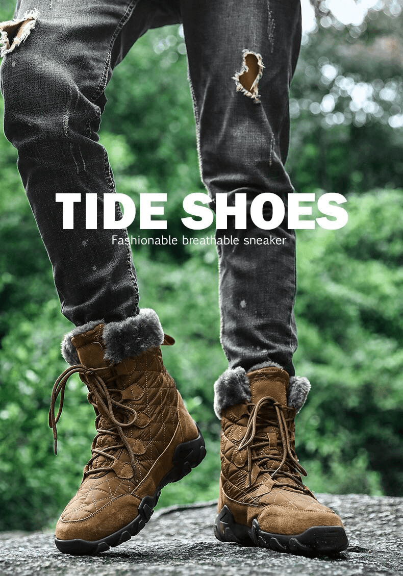 Stylish waterproof lace-up snow boots with fur and non-slip outsoles in an outdoor setting