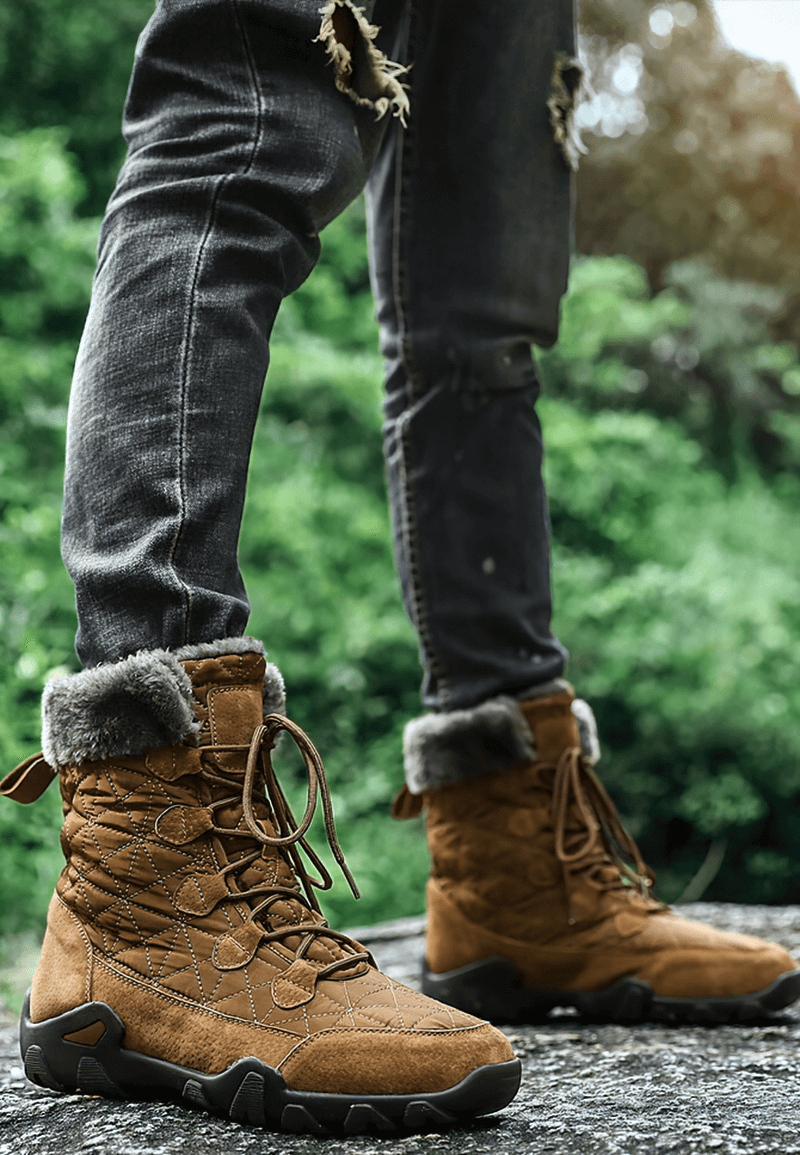 Lace-up waterproof mid-calf snow boots with fur lining, non-slip soles, and cotton fabric, perfect for winter adventures.