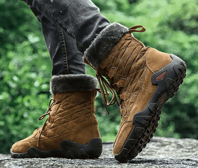 Brown lace-up waterproof non-slip snow boots with fur, featuring mid-calf design and plush lining, ideal for winter adventure.