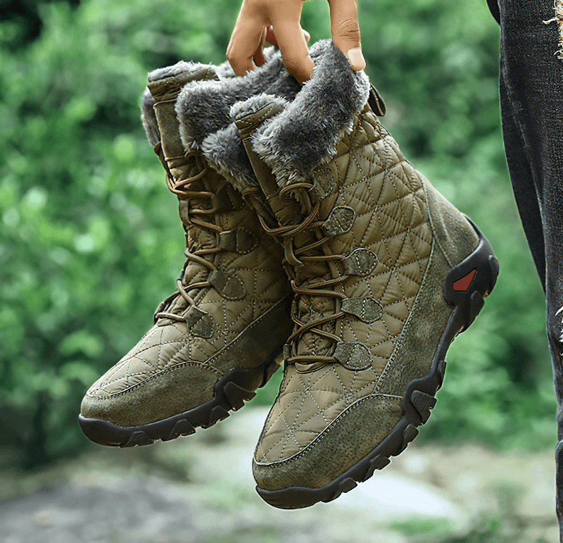 Lace-up waterproof non-slip mid-calf snow boots with fur, featuring cozy plush lining and durable rubber soles, ideal for winter.