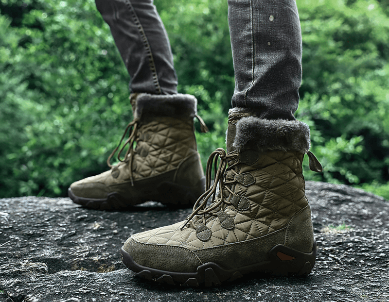 Lace-up waterproof mid-calf snow boots with fur, non-slip sole, stylish winter footwear for outdoor adventures.