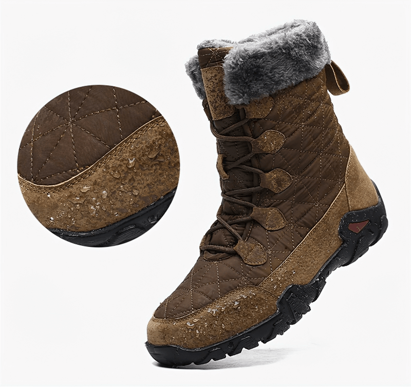 Brown lace-up waterproof non-slip snow boots with fur, mid-calf height, showcasing plush lining and round toe rubber outsoles.