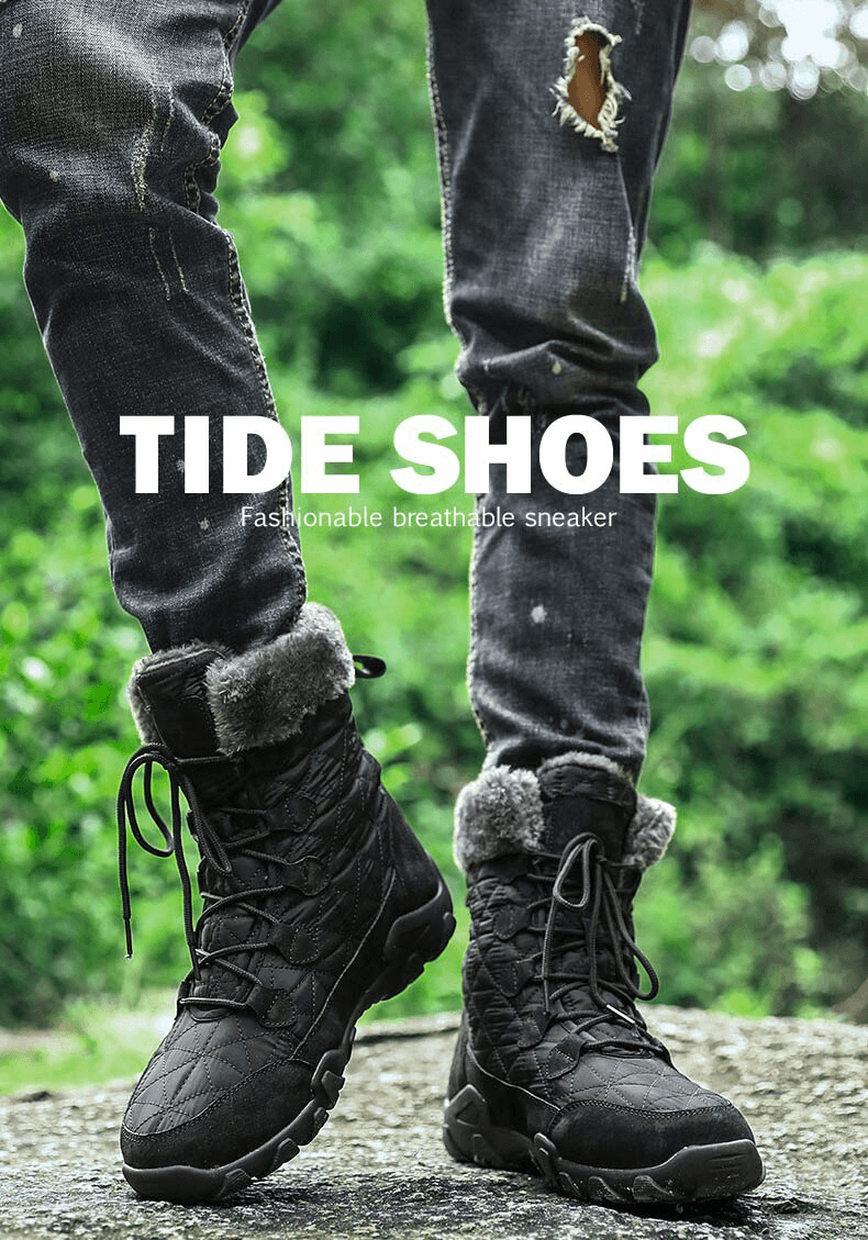 Black lace-up waterproof non-slip mid-calf snow boots with fur for men, shown worn outdoors with rugged style.