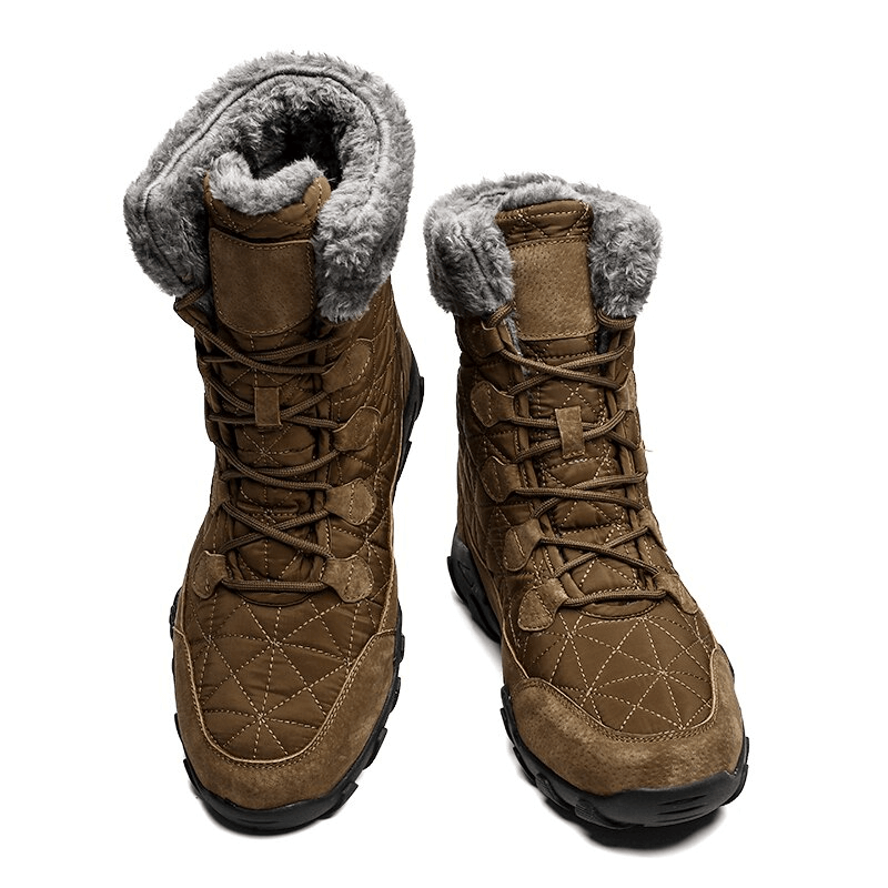 Brown lace-up waterproof mid-calf snow boots with fur lining, non-slip rubber soles, and quilted design for winter warmth and style.