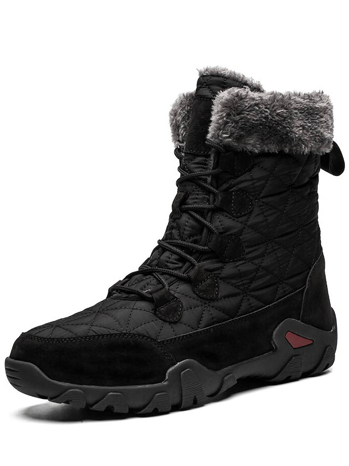 Lace-up waterproof mid-calf snow boots with fur, featuring non-slip rubber outsoles, black quilted design for winter warmth and comfort.