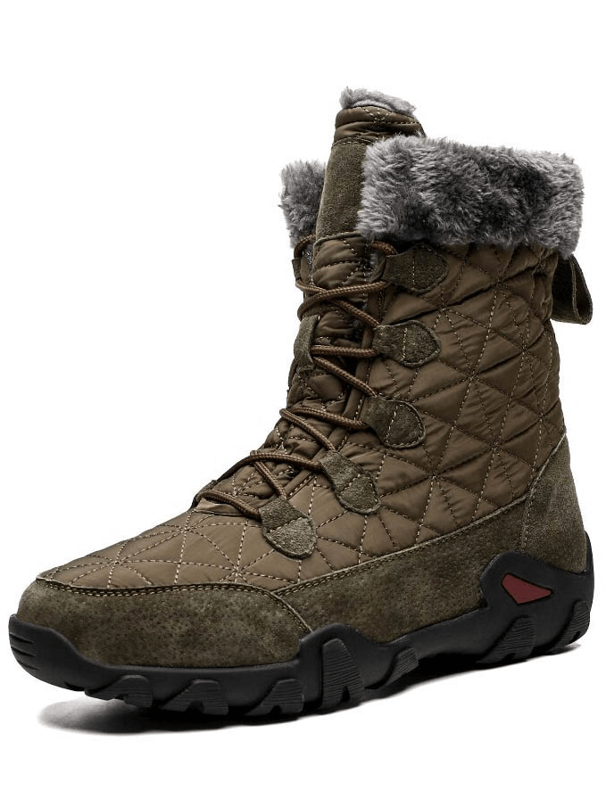 Lace-up waterproof mid-calf snow boots with fur, featuring non-slip sole and quilted design for ultimate winter comfort.