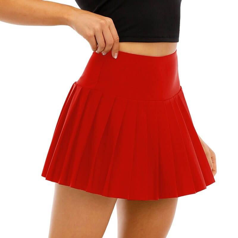 Ladies red high waist pleated tennis skirt showcasing elasticity and slim fit for active lifestyle.