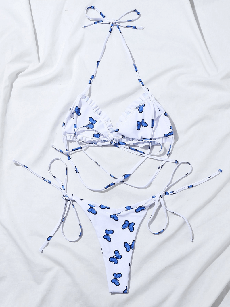 Ladies Sexy Butterfly Print Micro Bikini with Drawstrings in blue and white on white background, stylish beachwear.