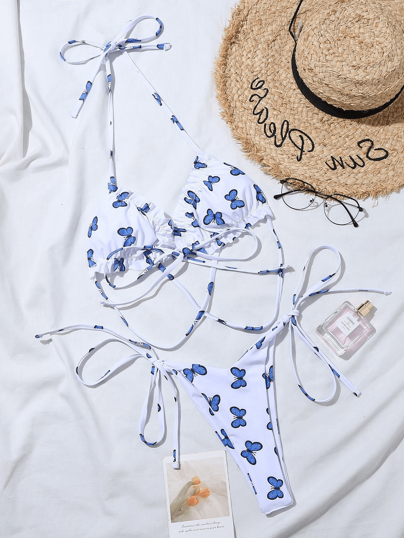 Ladies Butterfly Print Micro Bikini with Drawstrings in blue pattern, featuring stylish summer accessories on a white background.