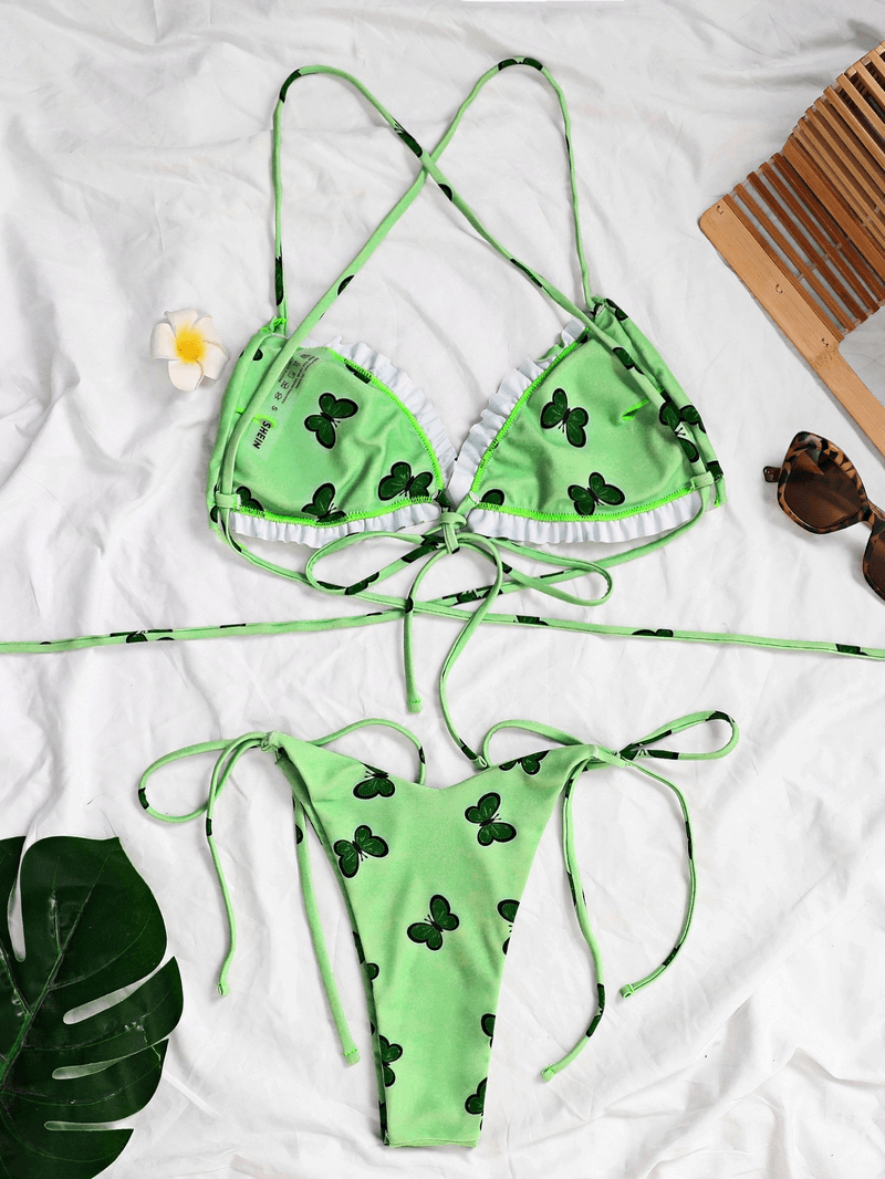 Ladies Sexy Green Butterfly Print Micro Bikini with Drawstrings