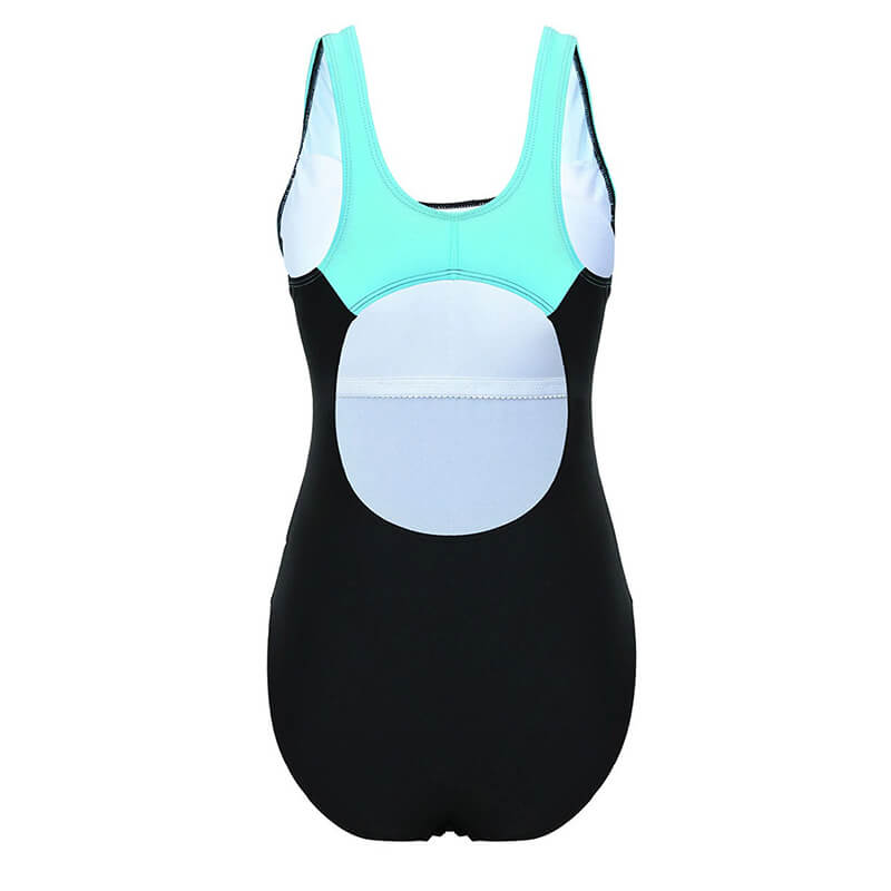Back view of ladies training one-piece swimsuit for gymnastics, blue and black design, comfy fit.