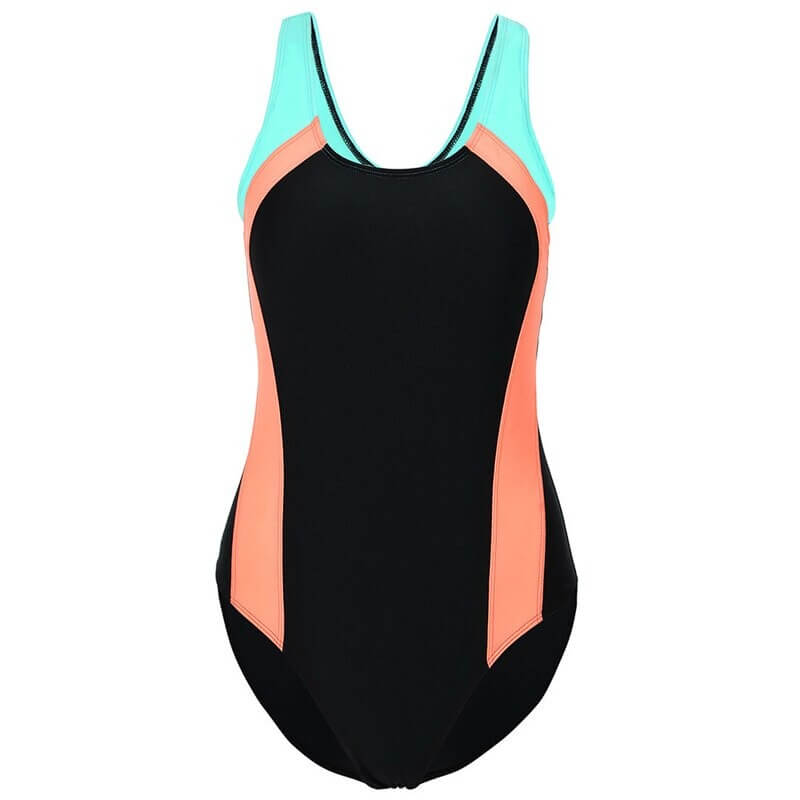 Ladies training one-piece swimsuit SF0678 in black with colorful side panels, suitable for gymnastics and swimming.