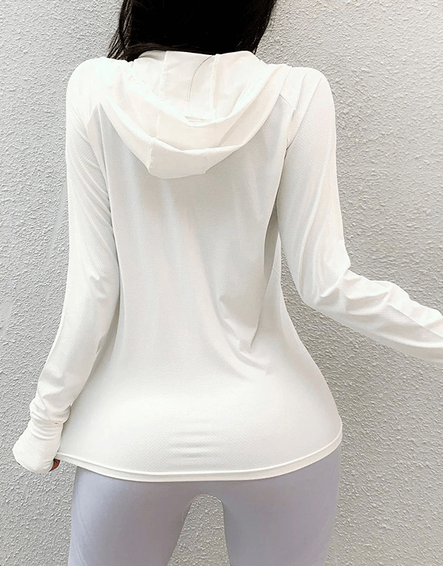 Back view of a white zipper sports hoodie with thumb holes, breathable and quick-drying, perfect for running and gym workouts.