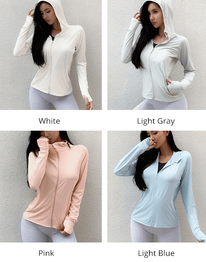 Ladies zipper thin sports hoodie in white, light gray, pink, and light blue, featuring thumb holes, quick-dry material, and hood.